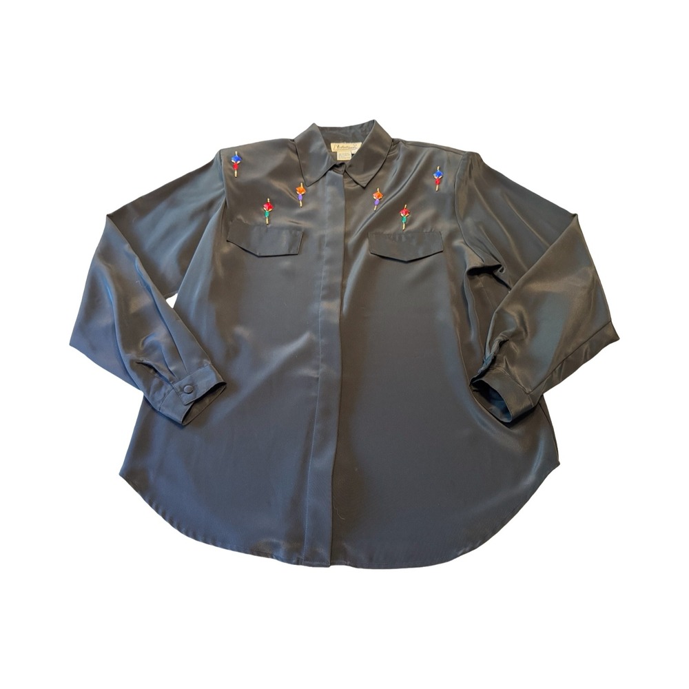 Notations Vintage Black‎ Satin Blouse Gemstone Embellished Button Up Shirt Sz 10